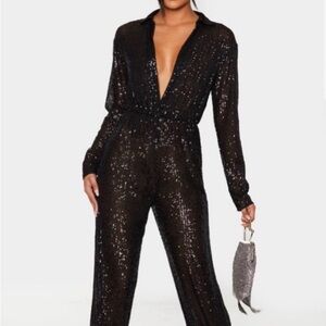 PLT Black Sequin Collar Detail Long Sleeve Jumpsuit. Size 16
